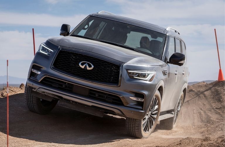Exterior view of the front of a gray 2020 INFINITI QX80