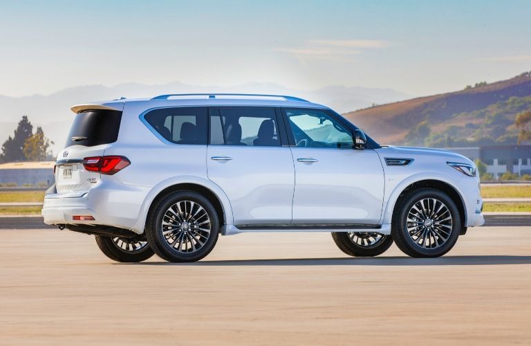 Exterior view of a white 2020 INFINITI QX80