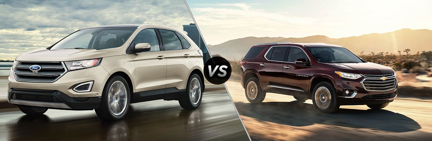 2018 Ford Edge driving on a wet-looking highway vs 2018 Chevrolet Traverse driving in a desert climate