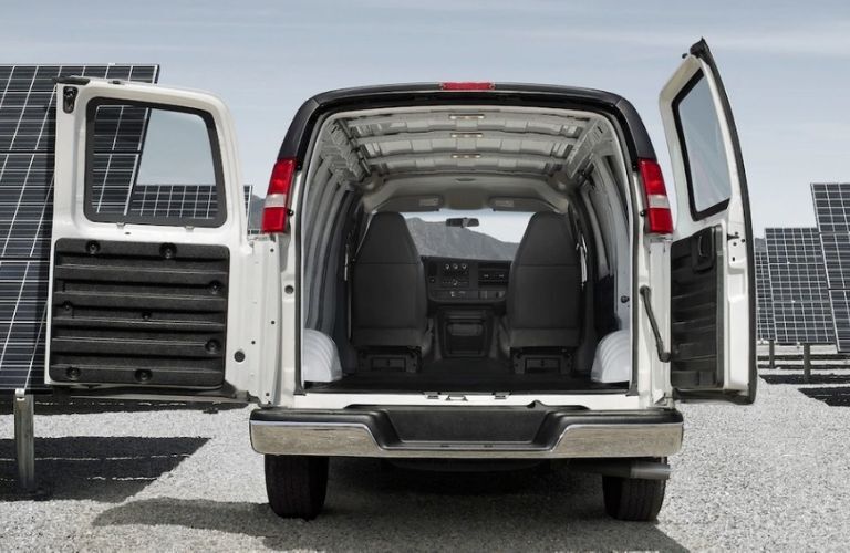 2019 GMC Savana Cargo Van with rear doors open