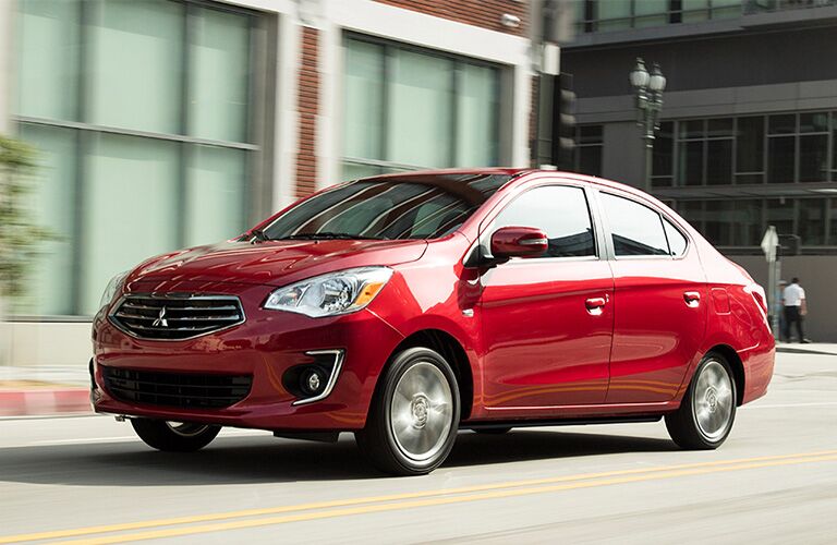 Red 2019 Mitsubishi Mirage G4 on a city street