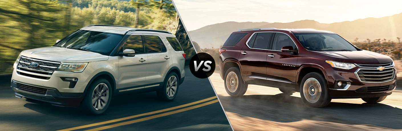 2018 Ford Explorer Vs Chevy Traverse White 2018 Ford Explorer On Country Road Vs Red Chevy Traverse Dirt