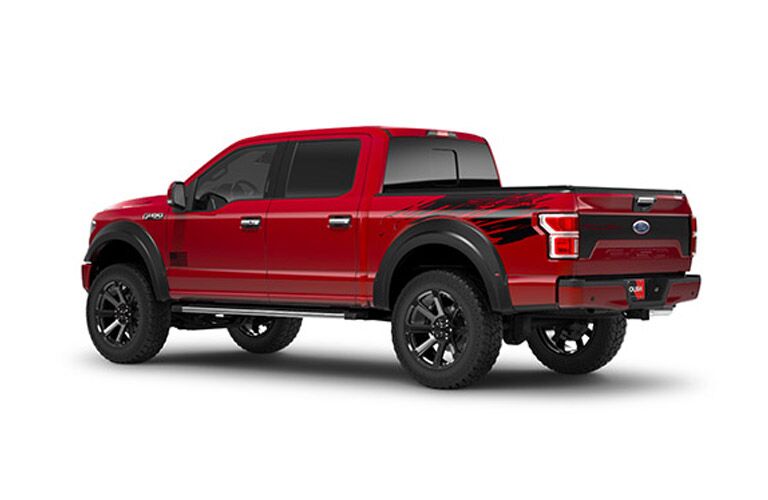 Red and Black 2018 Ford F-150 ROUSH Rear Exterior on White Background