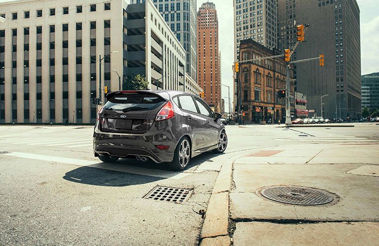 Black 2019 Ford Fiesta Hatchback Rear Exterior on a City Street