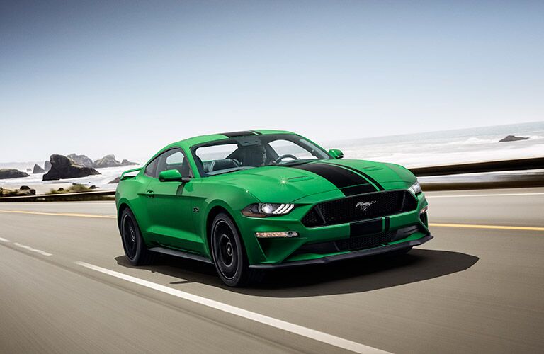 Green and Black 2019 Ford Mustang Front Exterior on Coast Road