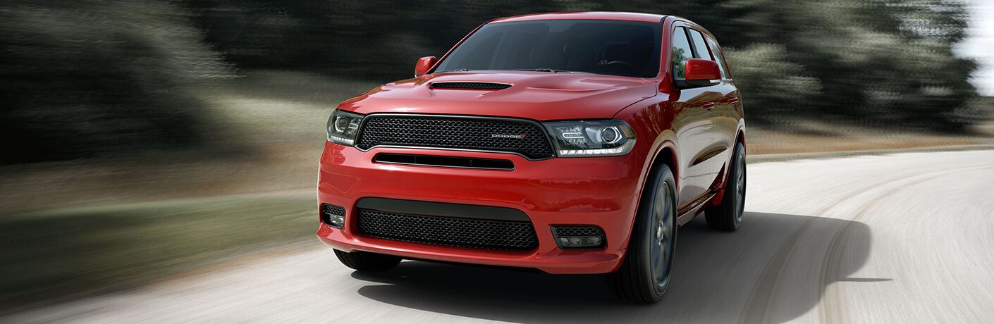 A front end photo of the 2019 Dodge Durango on the road.