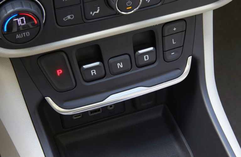 A close up photo of the push-button gear-changer in the 2018 GMC Terrain.