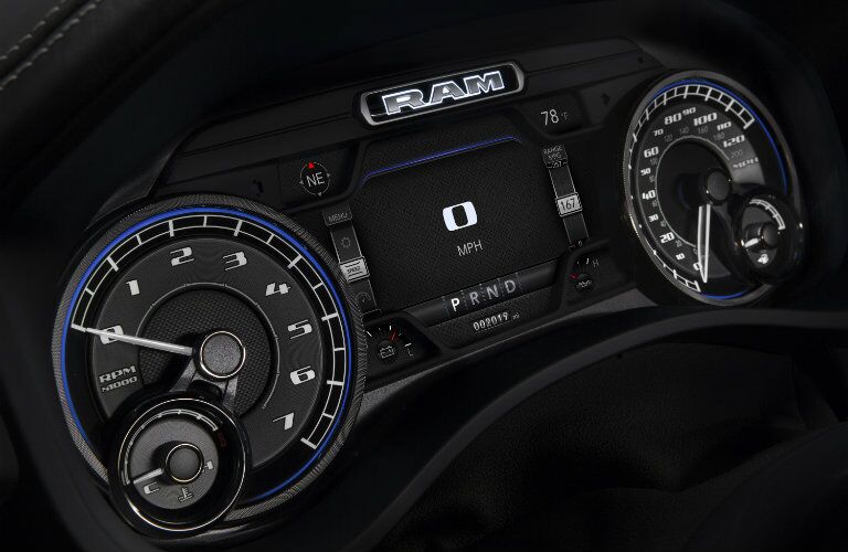 A photo of the center gauge cluster in the 2019 Ram 1500.