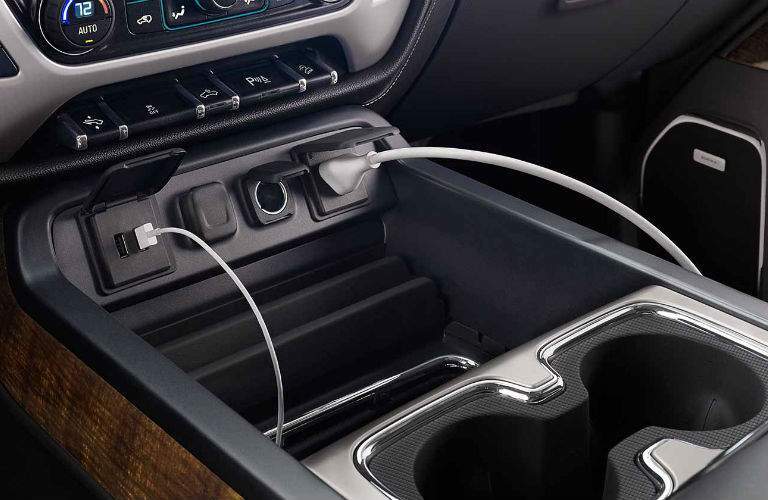 2017 GMC Sierra shown with USB ports and other technology which is equipped on models eligible for lower pricing for the Billion Auto Group GMC Sale