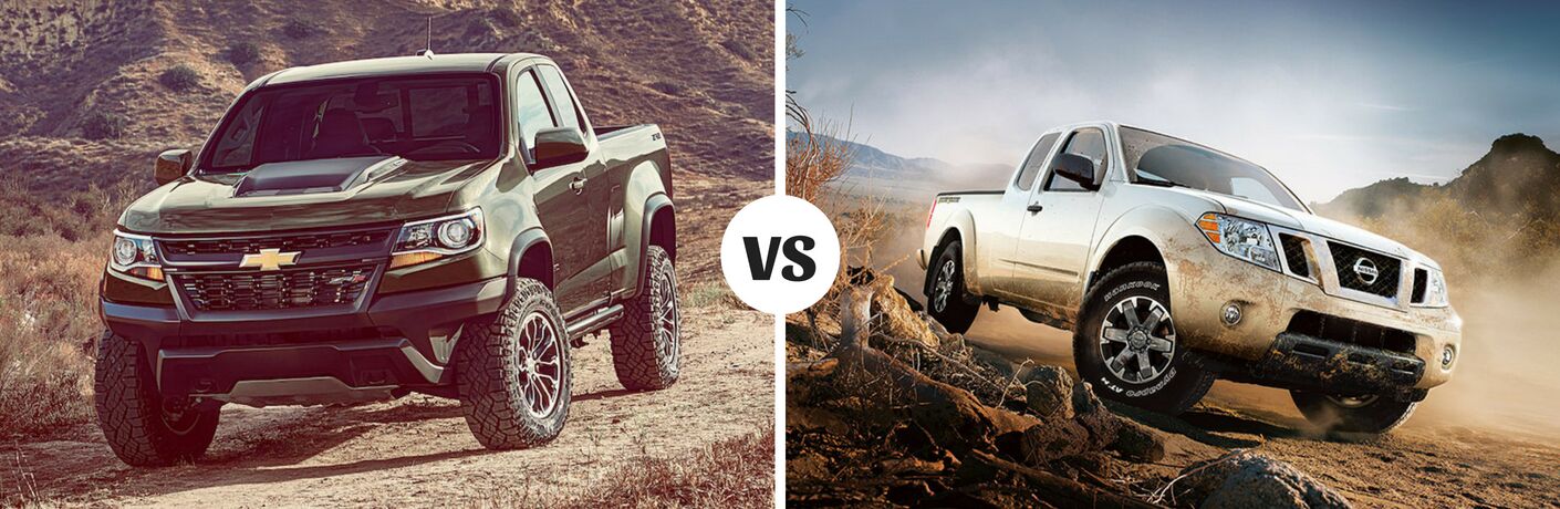 Comparison image of a dark green 2018 Chevrolet Colorado and a Silver 2018 Nissan Frontier