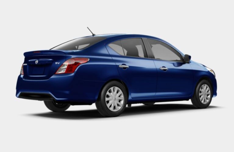 A right rear quarter photo of the 2019 Nissan Versa SV.