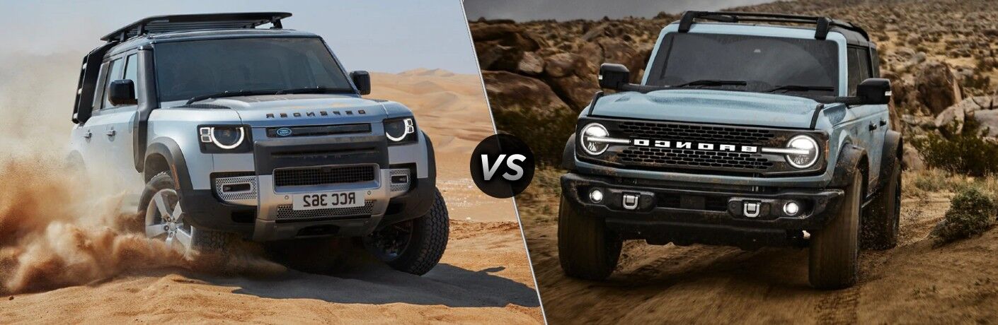 A gray 2021 Land Rover Defender Compared to a gray 2021 Ford Bronco.