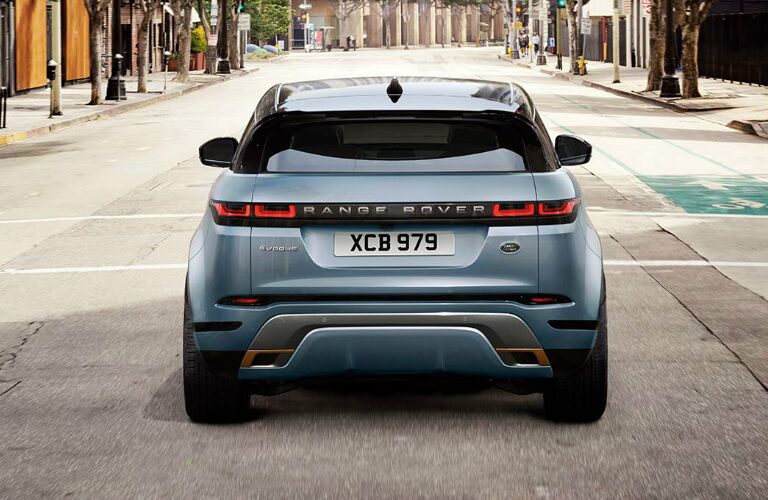 Rear view of blue 2020 Land Rover Range Rover Evoque