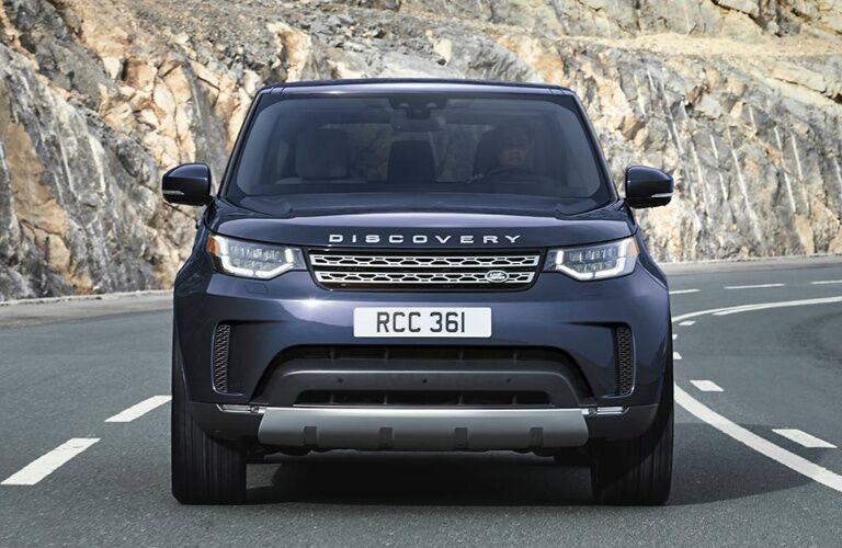 Front view of dark blue 2020 Land Rover Discovery