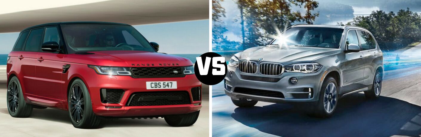 Red 2018 Range Rover Sport on the left, and Gray 2018 BMW X5 on right