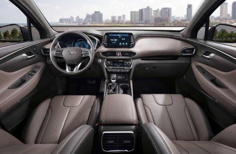 Front two seats and center dashboard of 2019 Hyundai Santa Fe