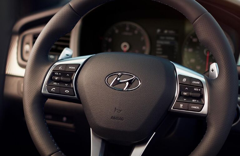 Closeup of 2019 Hyundai Sonata steering wheel