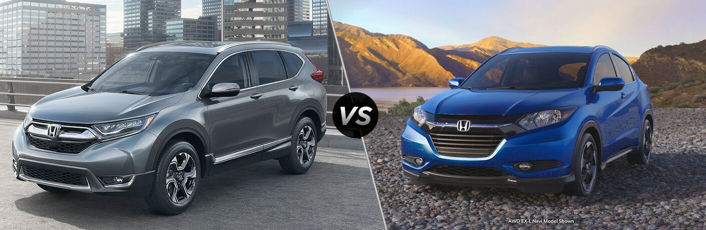 Comparison image of a silver 2018 Honda CR-V and a Blue 2018 Honda HR-V