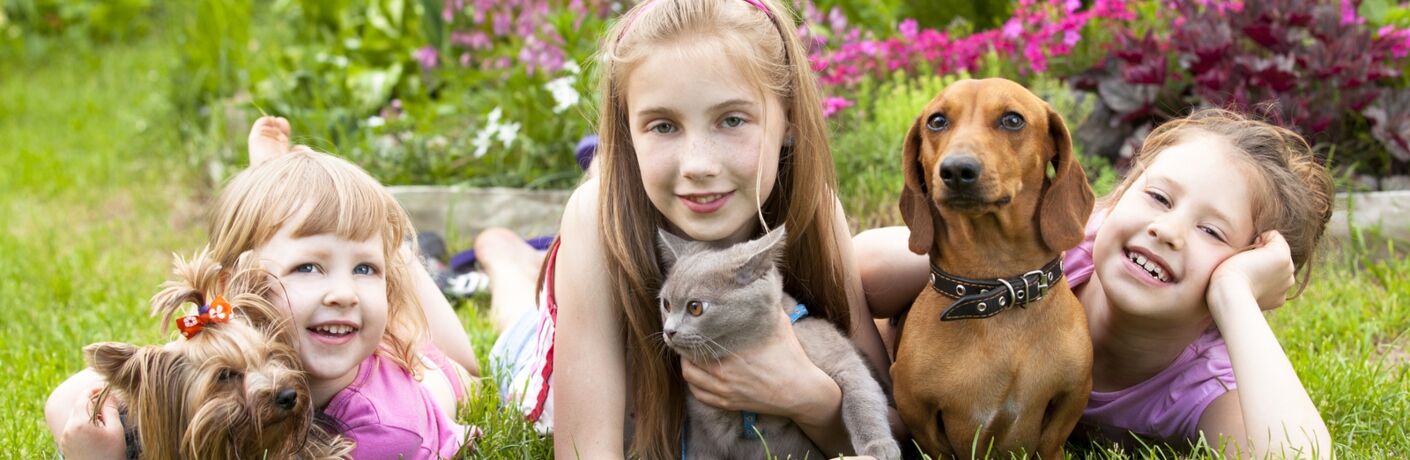 Image of three children laying in the grass with their loving pets