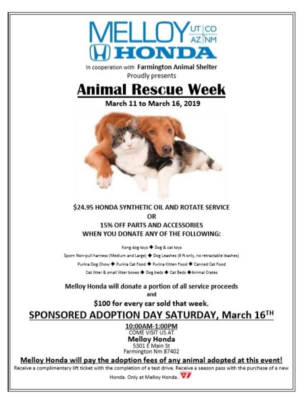 Flyer highlighting the details for Animal Rescue Week at Melloy Honda