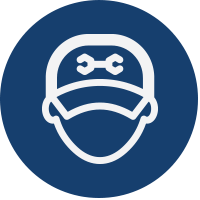 white illustration of service mechanic on navy blue background