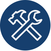 white illustration of wrench and hammer on navy blue background
