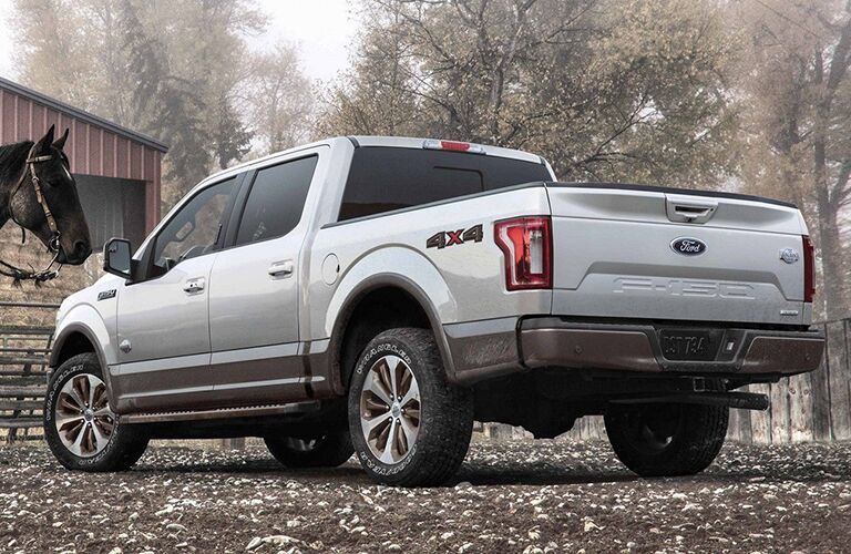 silver 2-019 Ford F-150 parked on a farm near a horse exterior rear view