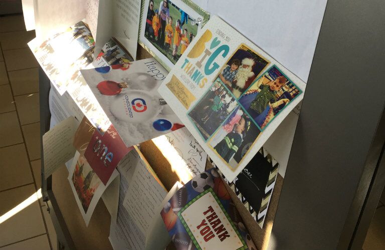 thank you notes on bulletin board