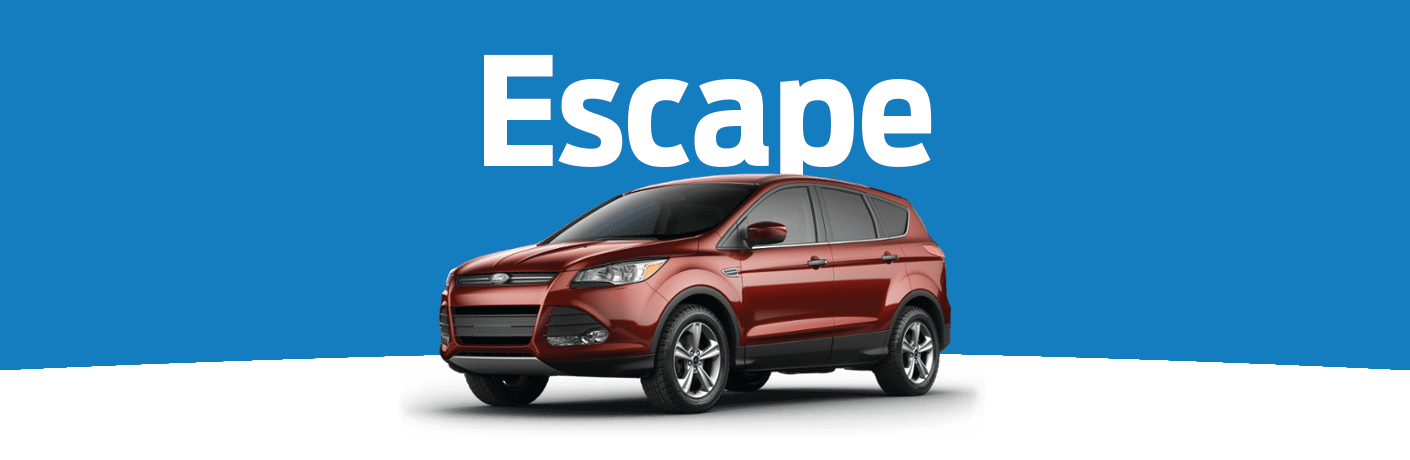 Exterior view of a red 2015 Ford Escape against blue and white background with "Escape" in white text above the vehicle