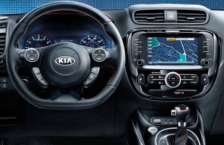 front interior of 2019 kia soul including steering wheel and infotainment system