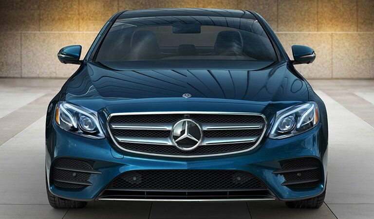 blue 2018 Mercedes-Benz E-Class seen from the front, close grille view