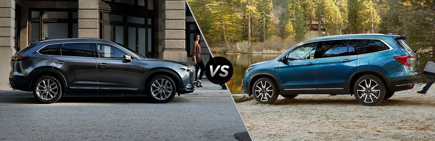 Comparison image of a gray 2019 Mazda CX-9 and a blue 2019 Honda Pilot