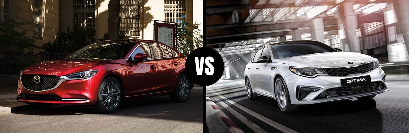 Comparison image of a red 2019 Mazda6 and a white 2019 Kia Optima