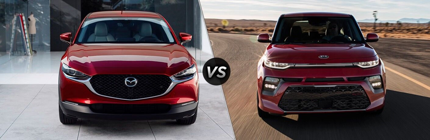 A red 2020 Mazda CX-30 compared to a burgundy 2020 Kia Soul.