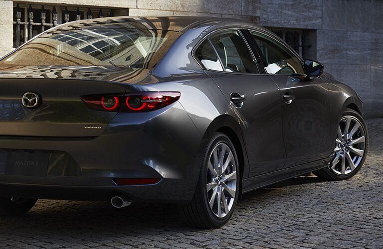 Gray 2019 Mazda3 Rear Exterior on a City Street