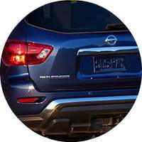 blue 2018 Nissan Pathfinder rear door and taillight closeup