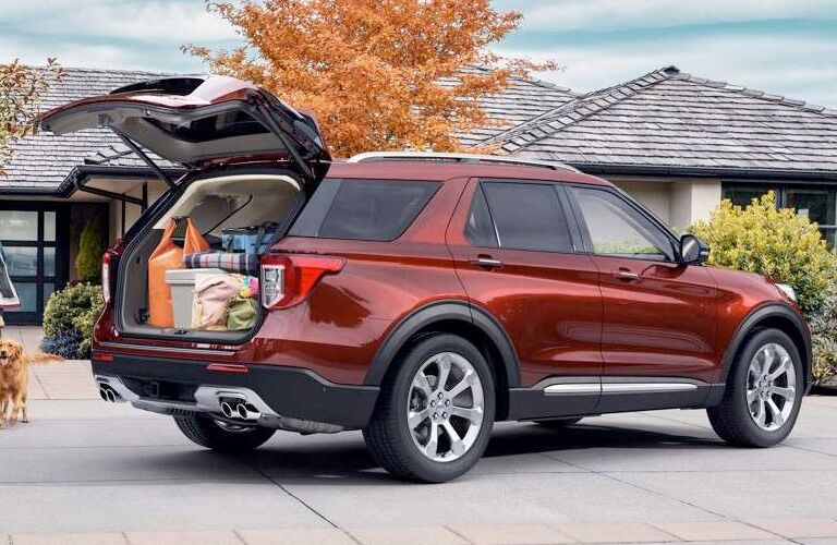 Red 2020 Ford Explorer with trunk open