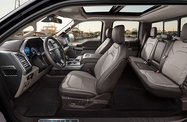 2020 Ford F-150 interior side shot of two-row seating upholstery and overhead sunroof