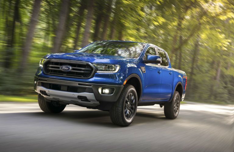 A front left quarter photo of the 2020 Ford Ranger on the road.