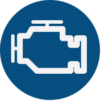 White engine icon in blue circle