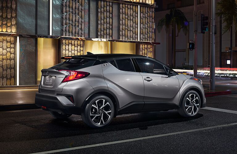2019 Toyota C-HR in grey parked in an empty parking lot at night
