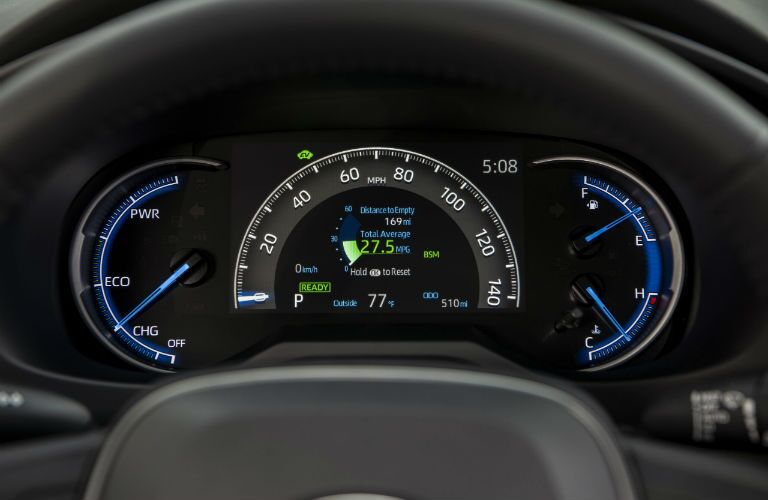 A photo of the center gauge cluster in the 2020 Toyota RAV4 Hybrid.