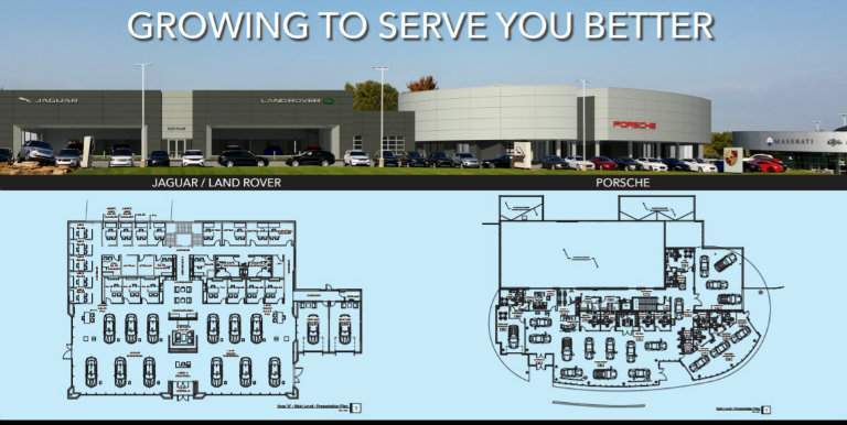 blueprints and mockup of what Aristocrat Motors will look like after construction in 2018