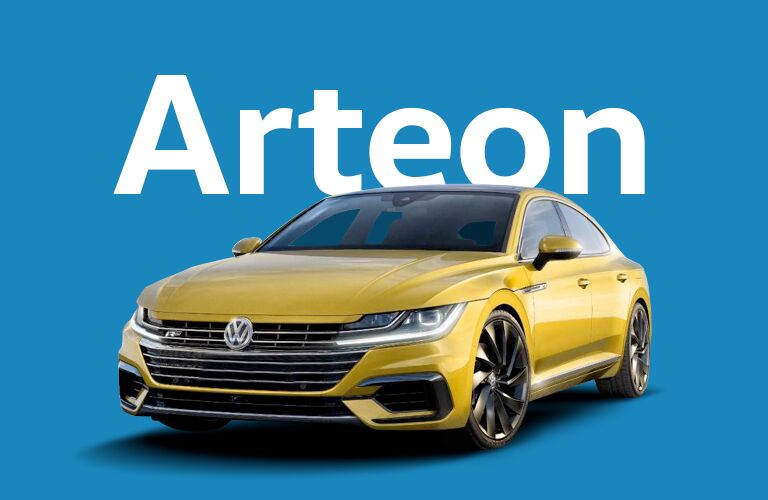 gold Volkswagen Arteon with blue background