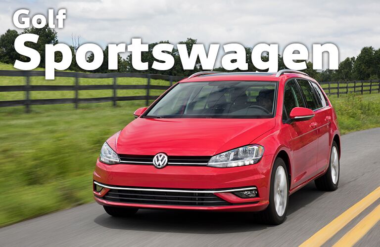 red Volkswagen Golf Sportwagen with Golf Sportwagen title