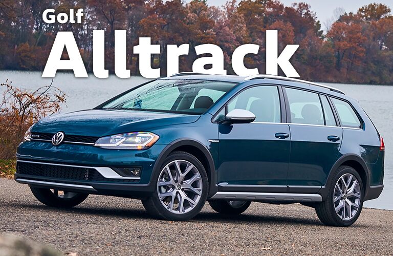 dark blue Volkswagen Golf Alltrack with Golf Alltrack title