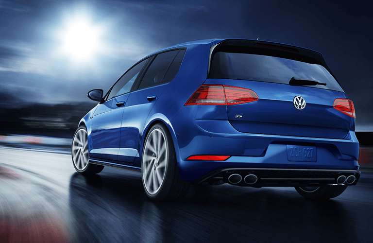 rear view of blue Volkswagen Golf R with Golf R title