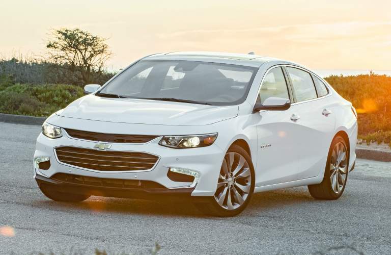 2018 Chevy Malibu white side and front view