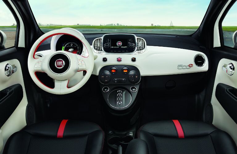 Interior view of 2018 Fiat 500e with white accents shown