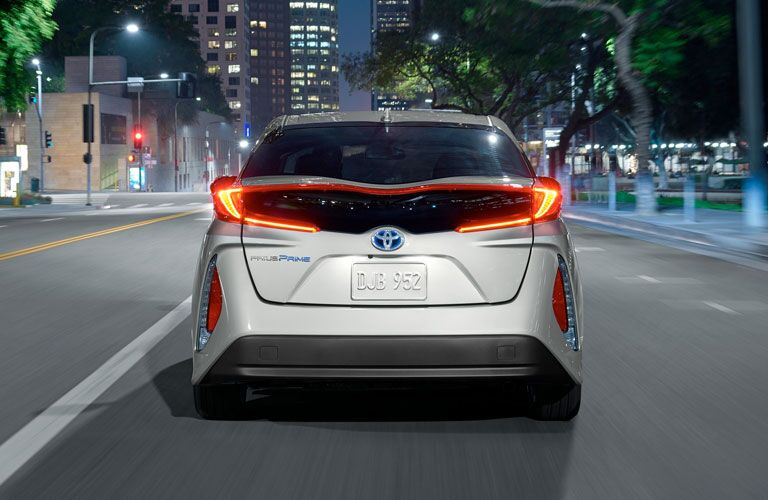 Rear view of grey 2020 Toyota Prius Prime